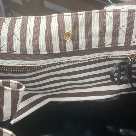 Henri Bendel Striped Canvas Tote Bag Brown White Signature Large - Picture 9 of 15